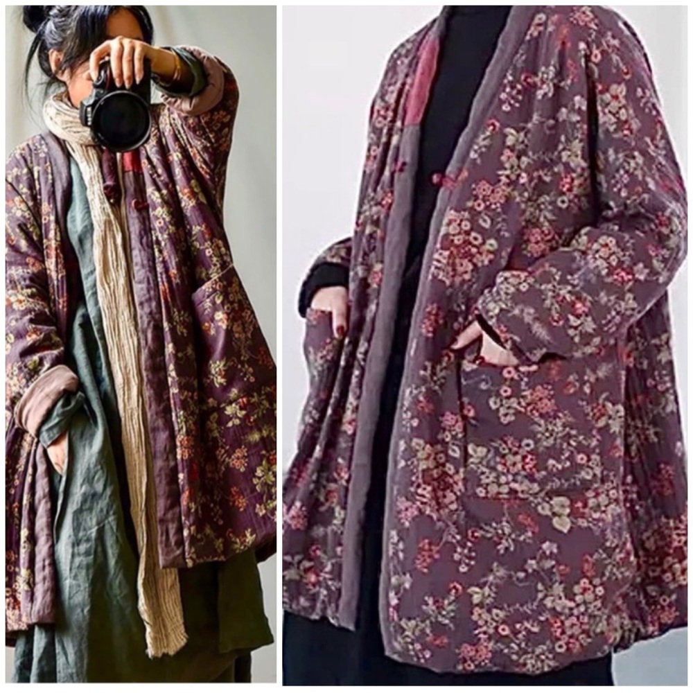 Buykud Linen Cotton Coat Floral Jacket Art to Wear Boho Kimono Lagenlook XL NWT